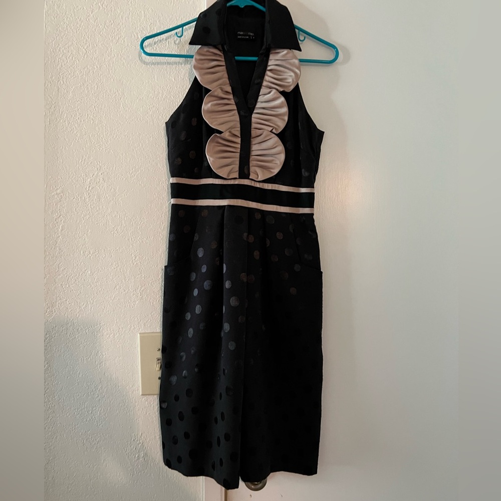 Black Polka Dot Sleeveless Dress with Taupe Trim